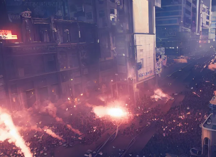 Prompt: crowd of working citizens protests war being dispersed by police while missles and bombs explode buildings in the city, DSLR 35mm, by WLOP and Aleksandr Deyneka and Andrei Popov, Unreal Engine 5, Lumen, Nanite