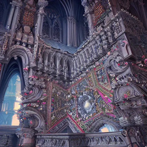 Image similar to a photo - real delicate sculpture of an ornate detailed cathedral populated by mandelbrot fractals, micro detail, unreal engine, backlit lighting, octane renderer, colorful, physically based rendering, tribal art, trending on cgsociety