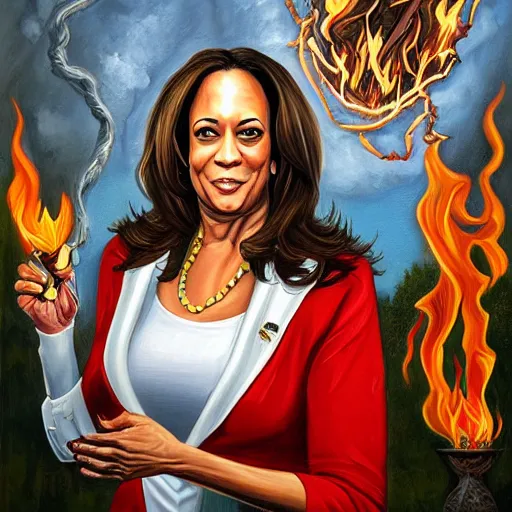 Image similar to breathtaking detailed art portrait painting of kamala harris as a evil witch casting fire spell on the whitehouse