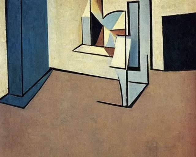 Prompt: Liminal space by Pablo Picasso, clean floor and walls, dimly lit by sunlight from the windows, cosy, relaxing