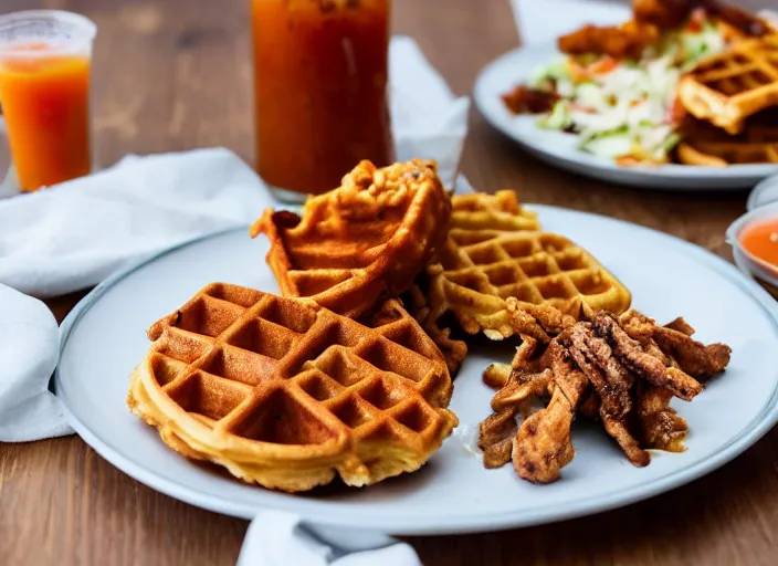 Image similar to dslr food photograph of chicken and waffles drizzled with maple syrup and hot sauce with a side of cole slaw, 8 5 mm f 1. 8