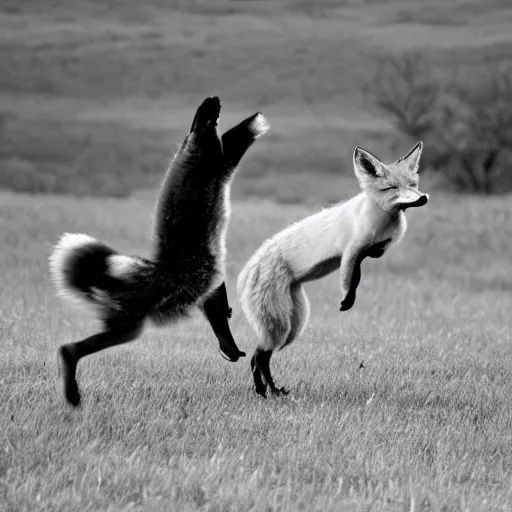 Prompt: black and white flash photograph of a fox and a chicken dancing
