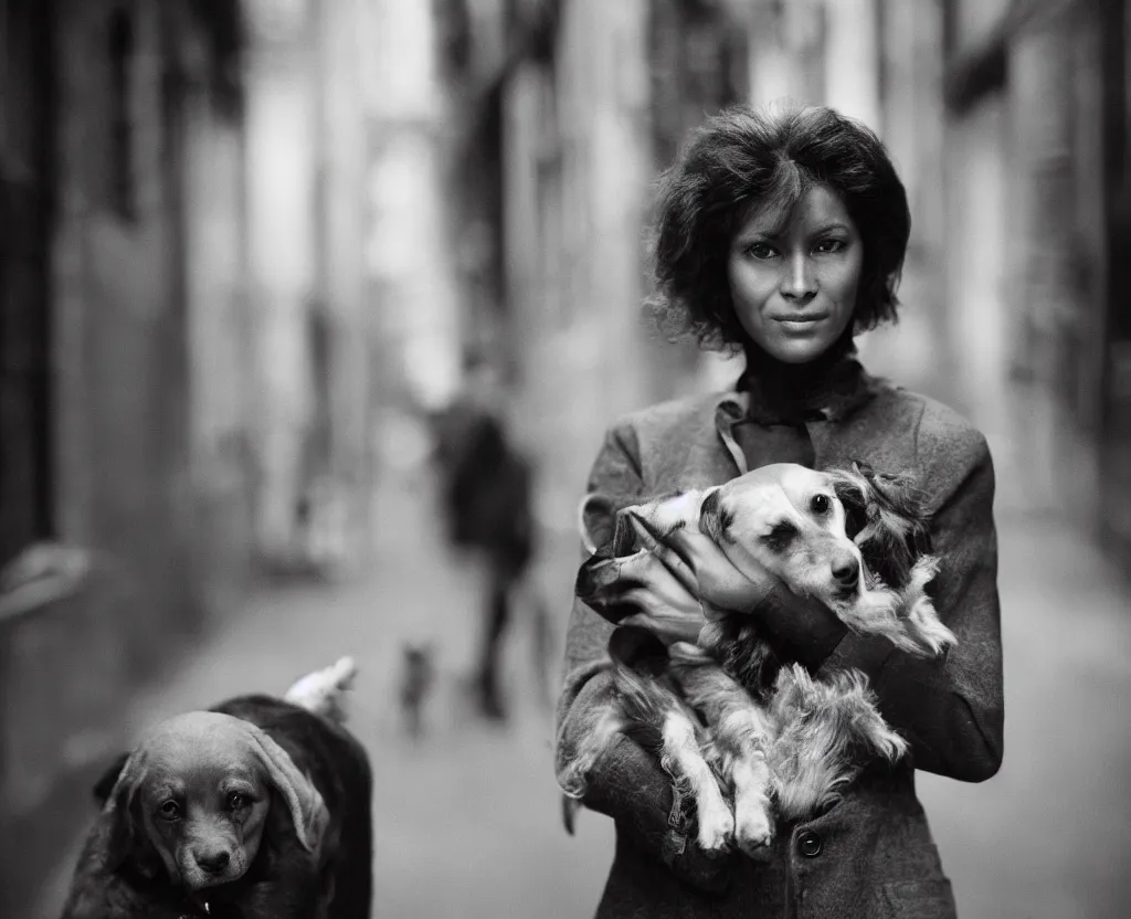 Image similar to closeup portrait of beautiful woman carrying a dog, smoky new york back street, by annie leibovitz and steve mccurry, natural light, detailed face, canon eos c 3 0 0, ƒ 1. 8, 3 5 mm, 8 k, medium - format print