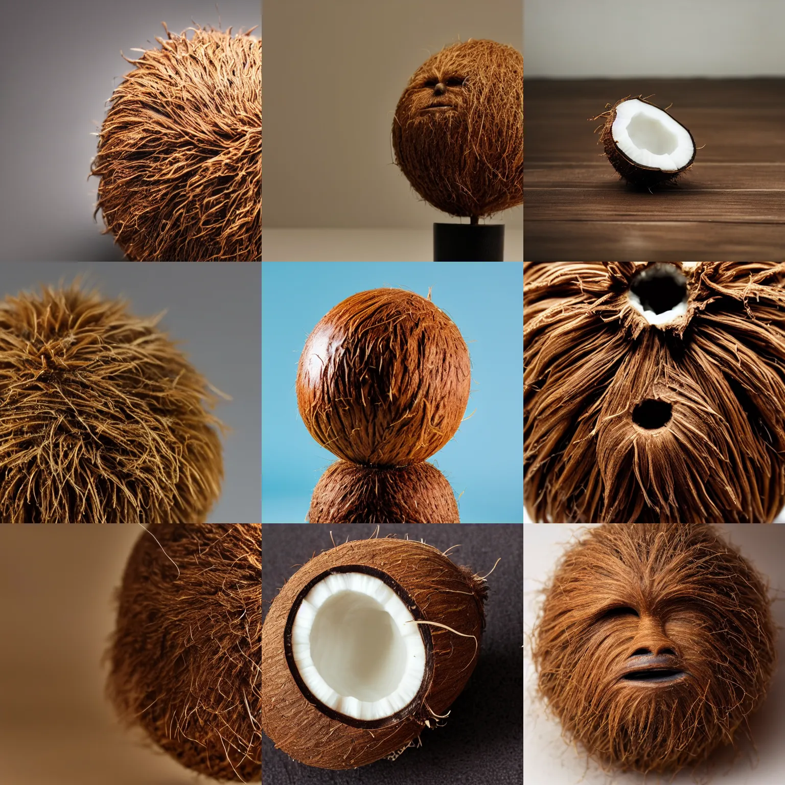 Prompt: a coconut that looks like chewbacca, macro lens, high quality, studio lighting