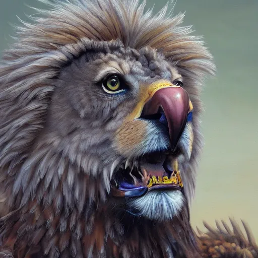 Prompt: a realistic oil painting portrait of a griffon ( lion eagle hybrid ), highly detailed, trending on artstation, by james gurney and michael whelan