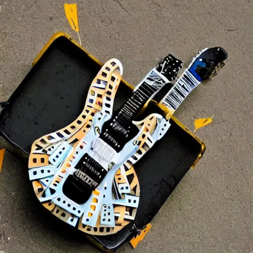 Image similar to an electric guitar made entirely out of garbage