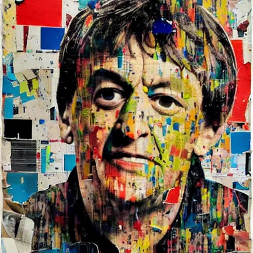 Image similar to a portrait a very ordinary person, by Mimmo Rotella, ripped, torn poster, abstract, vivid colors, flat bold color