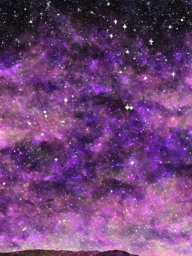 Prompt: purple holographic hill with stars in the sky
