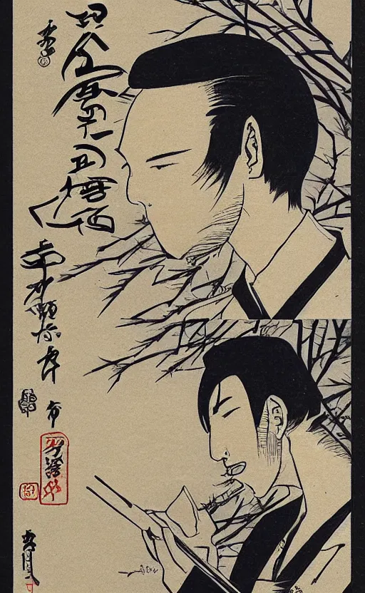 Image similar to by akio watanabe, manga art, a male calligrapher drawing some ideograms, trading card front, winter season, realistic anatomy, sun in the background