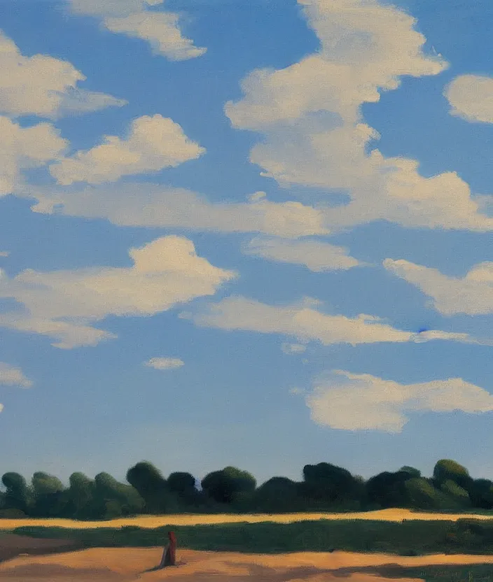 Image similar to a painting of a blue sky with aesthetic clouds, very fine brush strokes, in the style of edward hopper, 4 k,