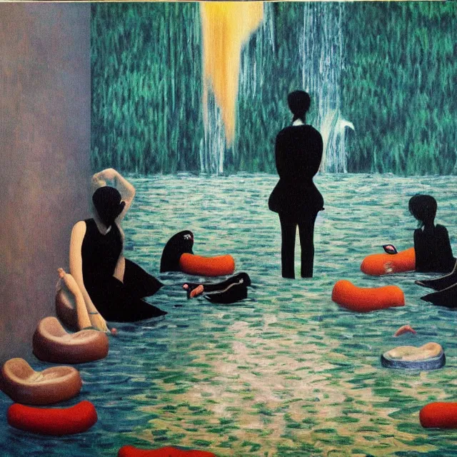 Image similar to painting of flood waters inside an apartment, emo catgirl art student, a river flooding inside, taps with running water, tangelos, zen, pigs, ikebana, water, river, rapids, waterfall, black swans, canoe, pomegranate, berries dripping, acrylic on canvas, surrealist, by magritte and monet