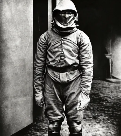 Image similar to man in a anti-radiation suit, ww1 film photo, grainy, high detail, high resolution