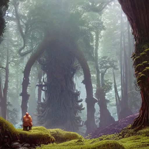 Image similar to horrible surreal mushrooms overwhelming redwood forest, creeping fig vines, ferns and waterfalls shadow of the colossus screenshot by j. c. leyendecker, simon stalenhag, studio ghibli, barlowe, audobon and beksinski