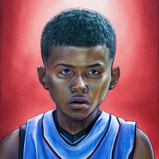 Image similar to Colored pencil portrait of a boy at a basketball court playing basketball wearing a basketball uniform in a basketball court, intense emotion, detailed facial expression, detailed surroundings, intricate, elegant, highly detailed, centered, trending of artstation, concept art, smooth, sharp focus, illustration