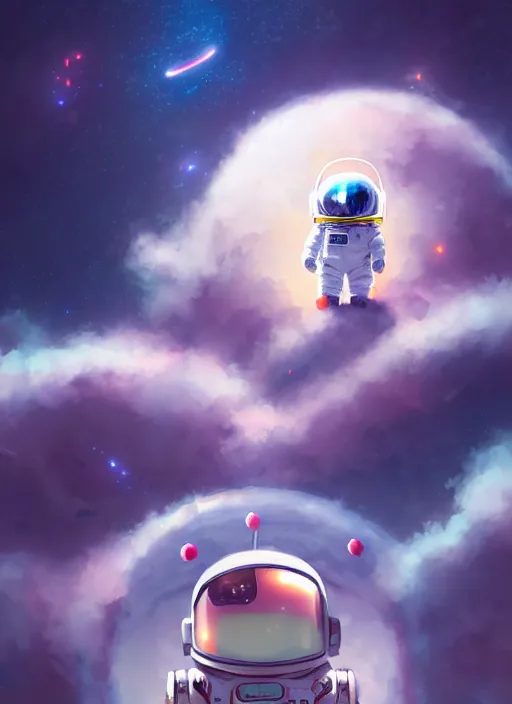 Image similar to portrait of cute kawaii astronaut android floating around a large biomechanical kaiju dragon, nebulous background of dynamic space, a dramatic composition by wlop and greg rutkowski and makoto shinkai and studio ghibli and kyoto animation cute bubbly clothing