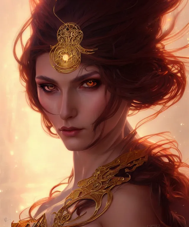 Image similar to fantasy magic woman portrait, sci-fi, amber eyes, face, long hair, fantasy, intricate, elegant, highly detailed, digital painting, artstation, concept art, smooth, sharp focus, illustration, art by artgerm and greg rutkowski and alphonse mucha