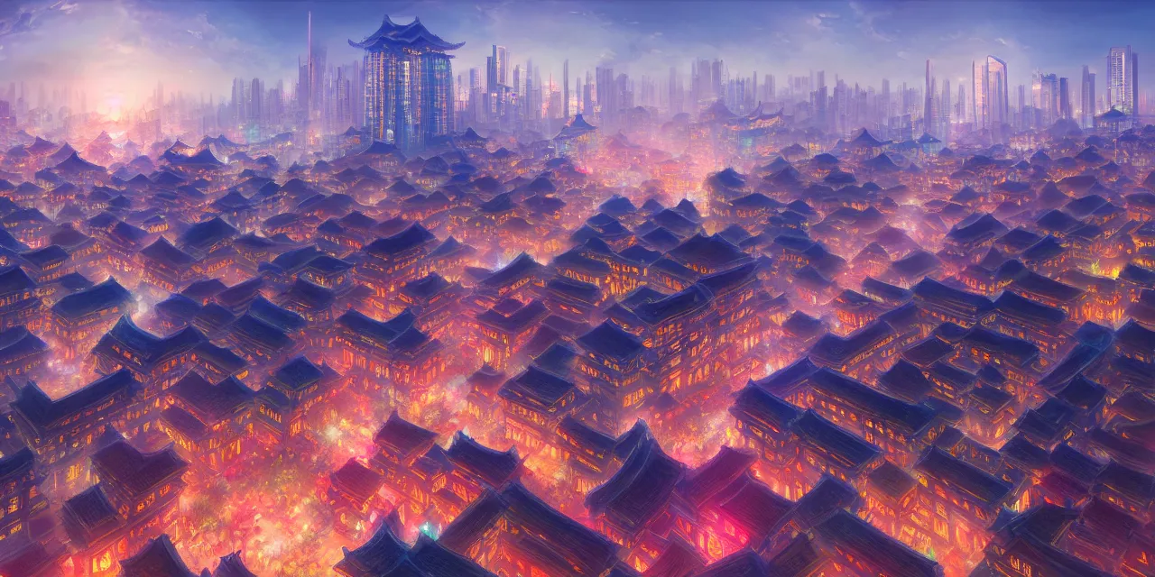 Image similar to a beautiful painting of a ancient big city of china, light effect, unreal engine, super wide angle, by yuumei and yanjun chen, trending on artstation