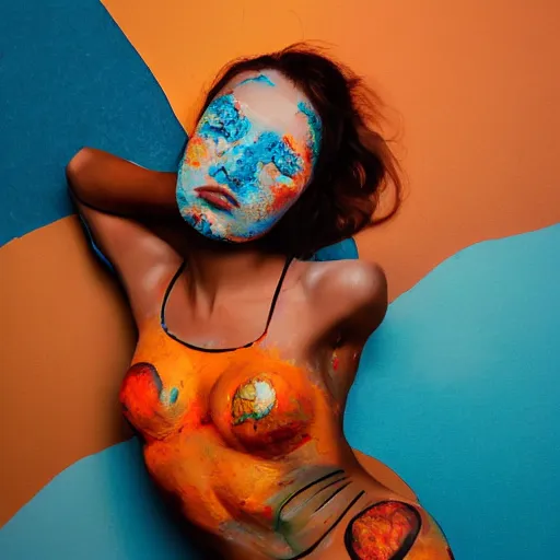 Prompt: beautiful model girl body art fabric skin with colouful in a wholesome painted bed environment chill and glass shards painting style of wlop jonathan zawada, thisset colours simple background gradient objective light orange and blue amber colours