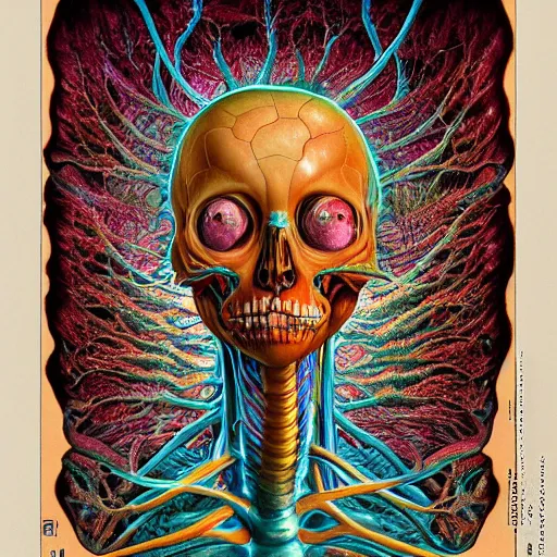 Image similar to nightmare etherreal iridescent vascular nerve bundles pearlescent spinal chord horror by naoto hattori, zdzislaw, norman rockwell, studio ghibli, anatomical cutaway