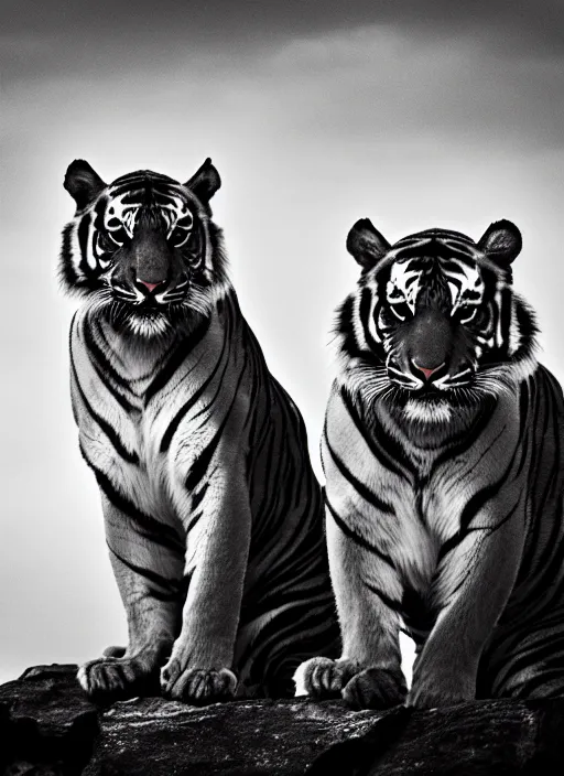 Image similar to two tigers black and white portrait white sky in background