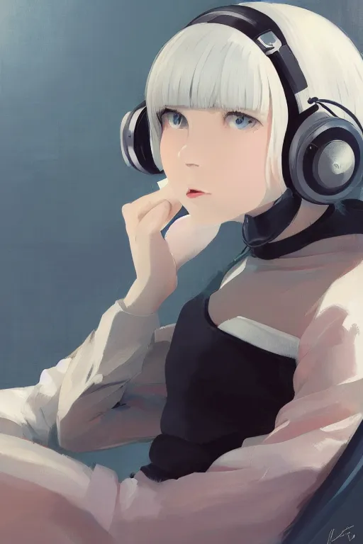 Image similar to a cute young woman lying in a ball chair listening to music with her eyes closed and wearing headphones, white bob cut hair, freckles, cozy setting, blue and white, warm lighting, cinematic, moody, nier automata, poster, oil on canvas, in the style of Ilya Kuvshinov, Krenz Cushart, Range Murata, Eero Aarnio, 8k