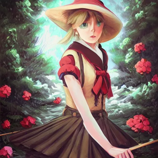 Prompt: Classical oil painting of Kirisame Marisa by Dan Mumford, beautiful anime portrait, official artwork, stylistic, Touhou character, brush strokes, oil, canvas