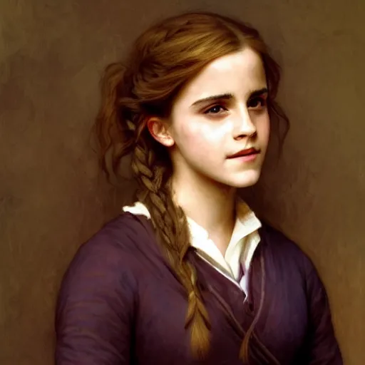 Prompt: Painting of Emma Watson as Hermione Granger. Smiling. Happy. Cheerful. Art by william adolphe bouguereau. During golden hour. Extremely detailed. Beautiful. 4K. Award winning.