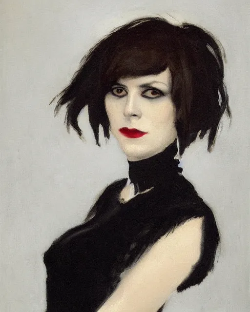 Image similar to A goth portrait painted by John Singer Sargent. Her hair is dark brown and cut into a short, messy pixie cut. She has a slightly rounded face, with a pointed chin, large entirely-black eyes, and a small nose. She is wearing a black tank top, a black leather jacket, a black knee-length skirt, a black choker, and black leather boots.