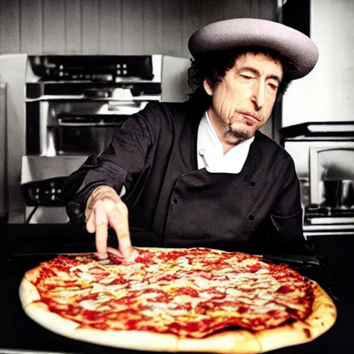 Image similar to bob dylan wearing a chef hat, flipping a pizza in the air