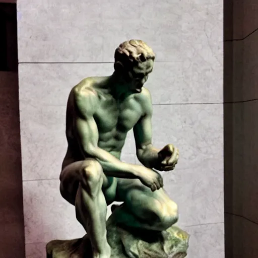 Image similar to thinker by rodin with iphone in hand