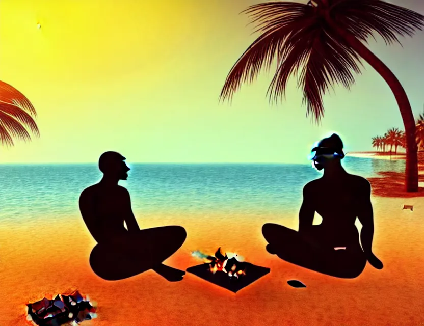 Prompt: gandhi at the beach sitting on the sand next to a campfire with palm trees in the back, concept artwork, 3 d render, official art, promotional art, beautiful intricately detailed, 8 k,