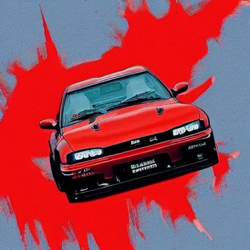 Prompt: beautiful illustration of a ninja driving a modified Nissan skyline r34 with red liquid on it