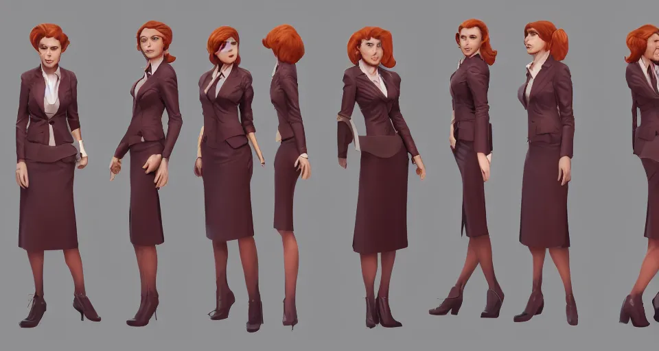 Image similar to Character concept sheet of Business Woman, hyperdetailed, artstation, cgsociety, golden hour 8k