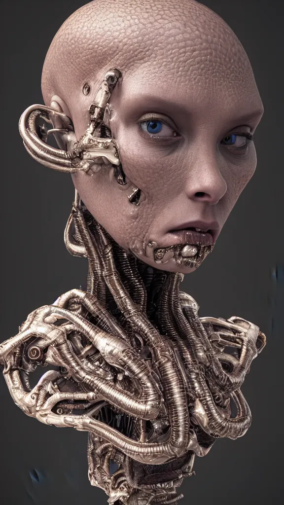 Prompt: a high quality photo of a young beautiful female queen-alien-cyborg bust with a very long neck and Mandelbrot fractal face, by mario feng, crown, scales, alien eyes, master shot, octane render, 8k, ultra hd, perfect light