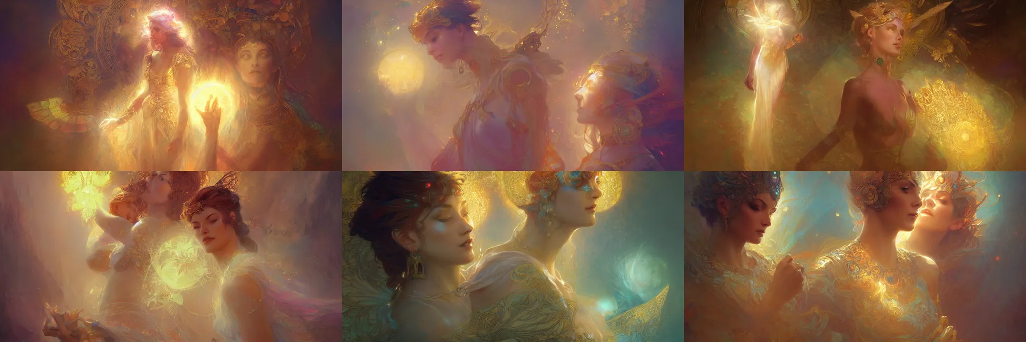 Prompt: Goddess of light, artstation, beauty, hyperdetailed, epic lighting, craig mullins, mucha, klimt, pastel color palette