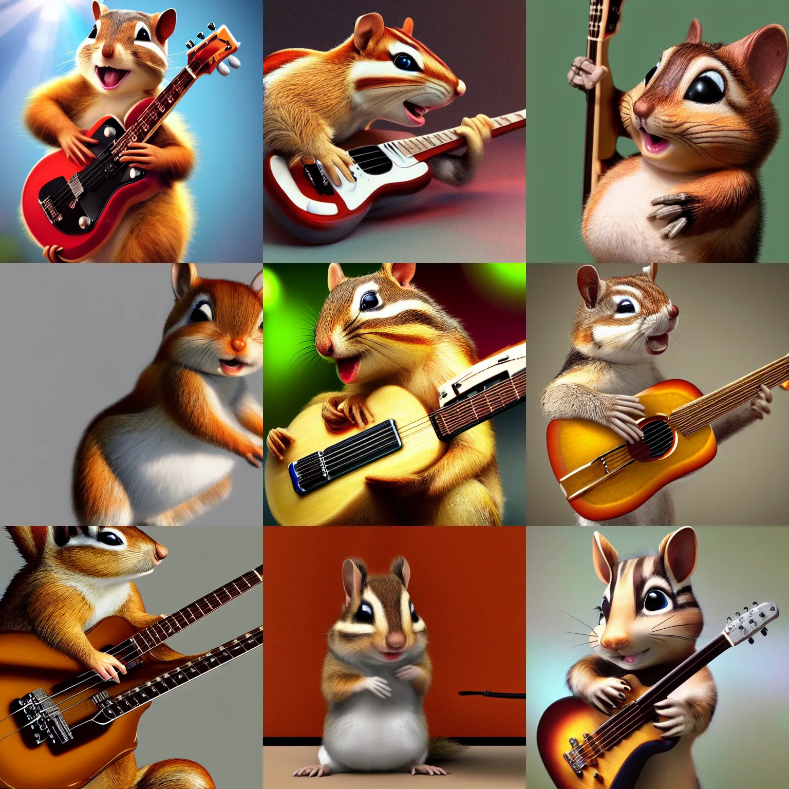 Prompt: a high quality photo of a chipmunk singing and playing electric guitar, render, ultra realistic, cgsociety