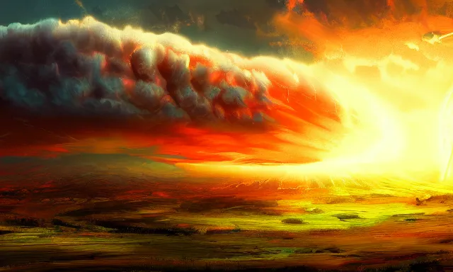 Image similar to nuclear explosion, few sun rays, wallpaper, artstation, digital painting, hd, high detailed