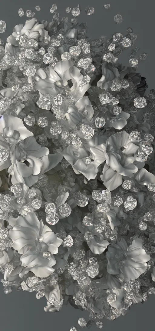 Image similar to portait crystal flowers, octane render uhd, filmic lighting, cinematic art shot, hyperrealistic, hyperdetailed, super detailed, 8 k, high resolution, 8 k uhd, mega high white mountain, midnight