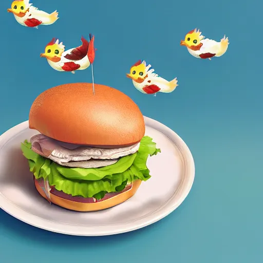 Prompt: floating chicken sandwich on a plate, photo realistic, explosion and flying pigs in the background, amazing detail