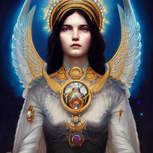 Image similar to A beautiful digital painting of a female Seraphim full of jewels, princess, the moon behind her, intricate, cinematic lighting, highly detailed, digital painting, Artstation, concept art, smooth, sharp focus, illustration, art by Tom Bagshaw, Artgerm and Greg Rutkowski