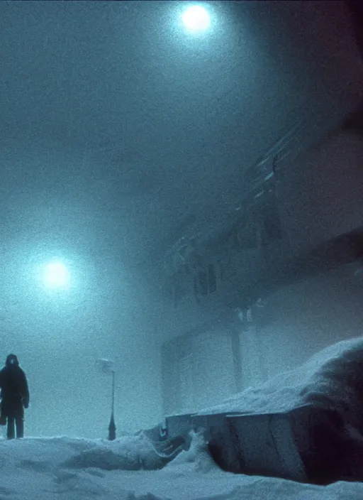 Image similar to a cinematic still from the thing ( 1 9 8 2 ), tentacles, particles, volumetric light, hyperrealistic, snow, ultradetailed, ominous, octane render, neon, fog