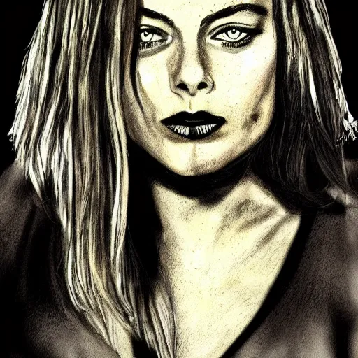 Image similar to grunge drawing of margot robbie in the style of the grudge