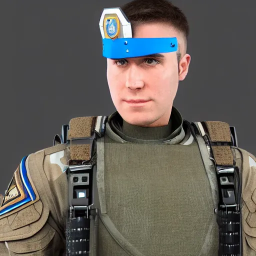 Image similar to a futuristic soldier captain with a metal visor and a blue shoulderpad