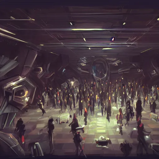 Prompt: hall in cyber space concept, a lot of people siting on tables, large screen, artstation, halloween