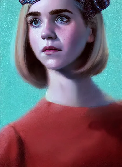 Image similar to portrait of kiernan shipka with freckles, white hair, big 1 9 6 0 s bob hairstyle with bangs and hairband, blue 1 9 6 0 s dress, intricate, elegant, glowing lights, highly detailed, digital painting, artstation, concept art, smooth, sharp focus, illustration, art by wlop, mars ravelo and greg rutkowski