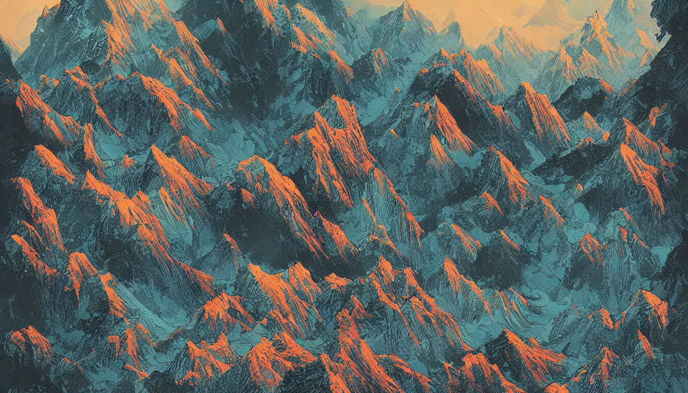 Image similar to himalayas, chinese ink brush, yukio - e, kilian eng, victo ngai, josan gonzalez