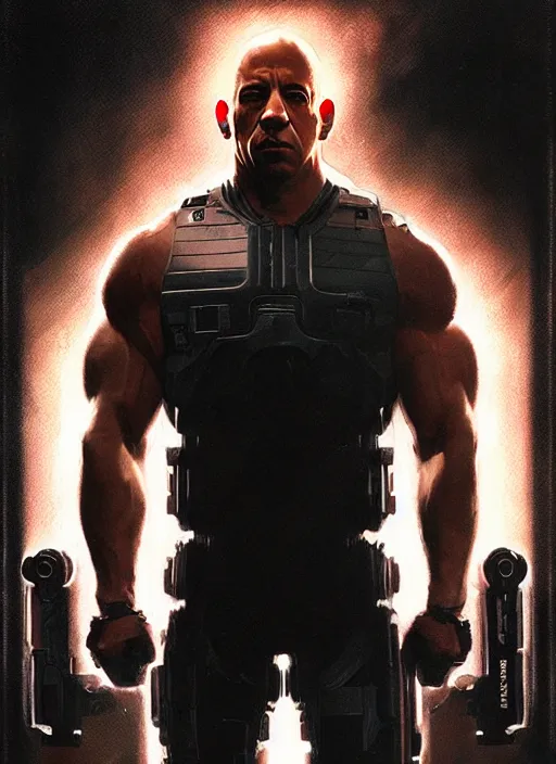 Image similar to vin diesel as victor stone, full body concept, cyborg, borg, strogg, face of a man, terminator, flesh, quake strogg, doom demon, wolfenstein, monstrous, powerful, symmetry, symmetrical, concept art by ruan jia and greg rutkowski