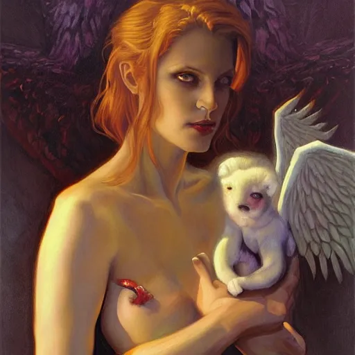 Image similar to portrait of a angelic woman and her demonic pet, by Gerald Brom