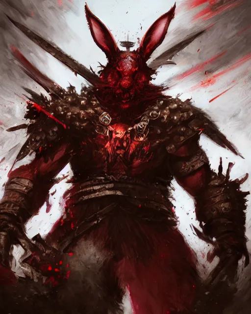 Image similar to Rabbit Berserker, rage, maniac, war paint, red, Khorne, magic the gathering artwork, D&D, fantasy, cinematic lighting, centered, symmetrical, highly detailed, digital painting, artstation, concept art, smooth, sharp focus, illustration, volumetric lighting, epic Composition, 8k, art by Akihiko Yoshida and Greg Rutkowski and Craig Mullins, oil painting, cgsociety