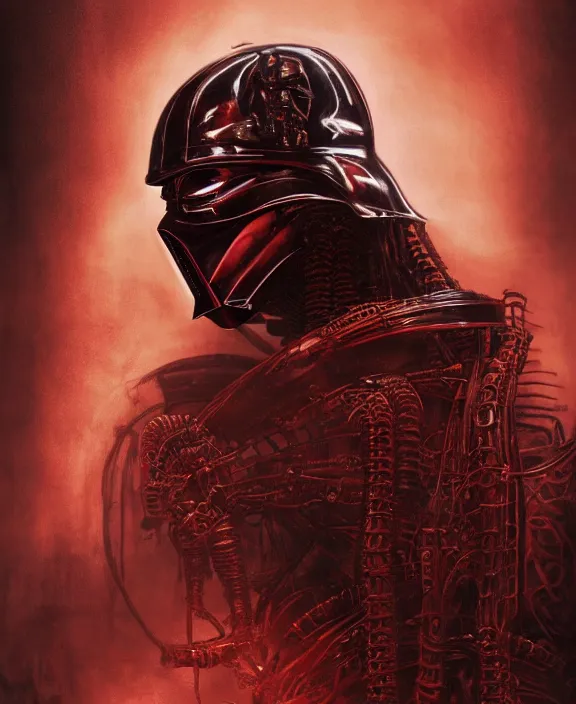 Image similar to a red steampunk darth vader with mechanical tendrils resembling spinal columns extending from his body, by HR Giger and Beksiński and Stephan Martiniere , 4k resolution, detailed, trending on artstation